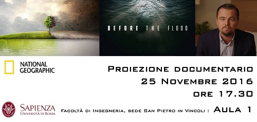 Locandina videoproiezione documentario before the flood 25-11-16 ore 17.30 Aula1