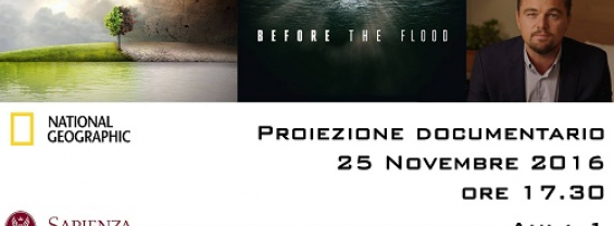 Locandina videoproiezione documentario before the flood 25-11-16 ore 17.30 Aula1